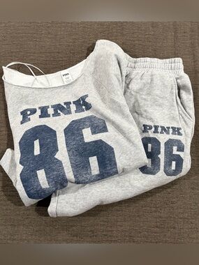 PINK Victoria's Secret Gray Sweatpants & Top Set with Navy 86 Graphic